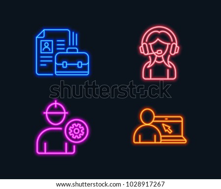 Neon lights. Set of Engineer, Vacancy and Support icons. Online education sign. Worker with cogwheel, Hiring job, Call center. Internet lectures.  Glowing graphic designs. Vector