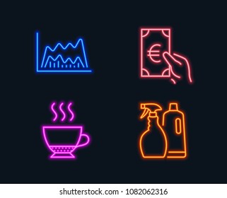 Neon lights. Set of Espresso, Trade chart and Finance icons. Shampoo and spray sign. Hot drink, Market data, Eur cash. Washing liquids.  Glowing graphic designs. Vector