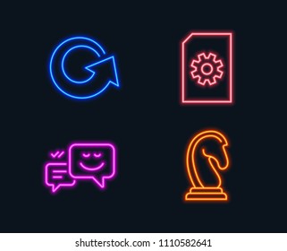 Neon lights. Set of File management, Reload and Happy emotion icons. Marketing strategy sign. Doc with cogwheel, Update, Web chat. Chess knight.  Glowing graphic designs. Vector