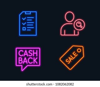 Neon lights. Set of Find user, Money transfer and Interview icons. Sale ticket sign. Search person, Cashback message, Checklist file. Discount coupon.  Glowing graphic designs. Vector