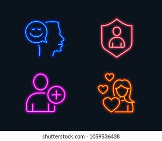 Neon lights. Set of Good mood, Add user and Security icons. Love sign. Positive thinking, Profile settings, Private protection. Woman in love.  Glowing graphic designs. Vector