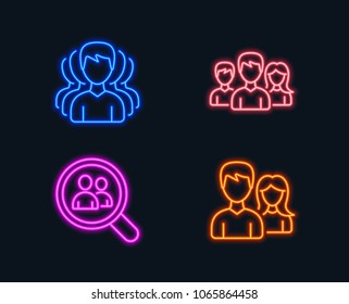 Neon lights. Set of Group, Teamwork and Search employees icons. Couple sign. Headhunting service, Group of users, Staff analysis. Male and female.  Glowing graphic designs. Vector