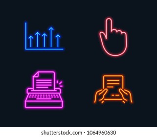 Neon lights. Set of Hand click, Growth chart and Typewriter icons. Receive file sign. Location pointer, Upper arrows, Writer machine. Hold document.  Glowing graphic designs. Vector