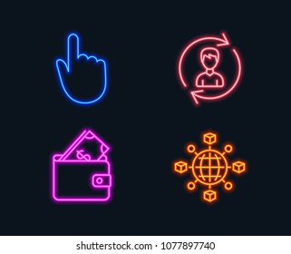 Neon lights. Set of Hand click, Wallet and Human resources icons. Logistics network sign. Location pointer, Usd cash, Update profile. International tracking.  Glowing graphic designs. Vector