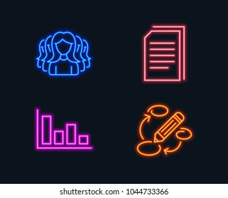 Neon lights. Set of Histogram, Copy files and Women group icons. Keywords sign. Economic trend, Copying documents, Lady service. Marketing strategy.  Glowing graphic designs. Vector