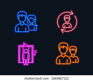 Neon lights. Set of Human resources, Elevator and Teamwork icons. Couple sign. Update profile, Lift, Man with woman. Two male users.  Glowing graphic designs. Vector