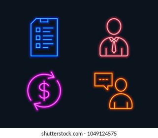 Neon lights. Set of Human, Usd exchange and Checklist icons. Users chat sign. Person profile, Currency rate, Data list. Communication concept.  Glowing graphic designs. Vector