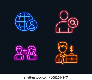 Neon lights. Set of International recruitment, Find user and People communication icons. Businessman case sign. World business, Search person, People talking. Human resources.  Glowing graphic designs