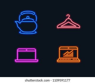 Neon lights. Set of Laptop, Teapot and Cloakroom icons. Online statistics sign. Mobile computer, Tea kettle, Hanger wardrobe. Computer data.  Glowing graphic designs. Vector