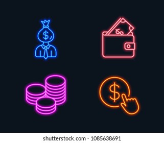 Neon lights. Set of Manager, Wallet and Tips icons. Buy currency sign. Work profit, Usd cash, Cash coins. Money exchange.  Glowing graphic designs. Vector