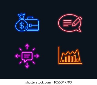 Neon lights. Set of Message, Salary and Sms icons. Infographic graph sign. Speech bubble, Diplomat with money bag, Conversation. Line diagram.  Glowing graphic designs. Vector