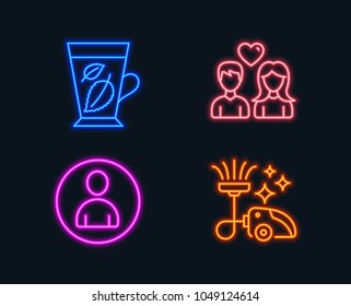 Neon lights. Set of Mint leaves, Avatar and Couple love icons. Vacuum cleaner sign. Mentha leaf, User profile, People in love. Vacuum-clean.  Glowing graphic designs. Vector