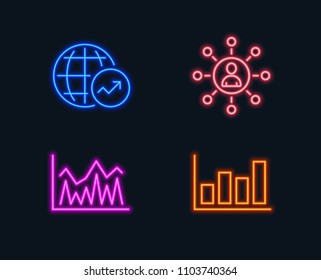 Neon lights. Set of Networking, Investment and World statistics icons. Report diagram sign. Business communication, Economic statistics, Global report. Financial market.  Glowing graphic designs