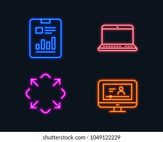 Neon lights. Set of Notebook, Maximize and Report document icons. Online video sign. Laptop computer, Full screen, Page with charts. Video exam.  Glowing graphic designs. Vector