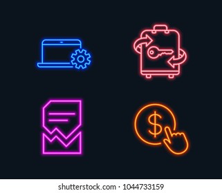 Neon lights. Set of Notebook service, Luggage and Corrupted file icons. Buy currency sign. Computer repair, Baggage locker, Damaged document. Money exchange.  Glowing graphic designs. Vector
