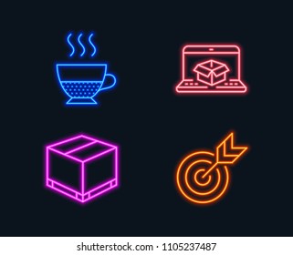 Neon lights. Set of Online delivery, Doppio and Delivery box icons. Target sign. Parcel tracking website, Coffee drink, Cargo package. Targeting.  Glowing graphic designs. Vector