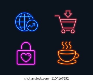 Neon lights. Set of Online market, Wedding locker and World statistics icons. Cappuccino sign. Shopping cart, Valentines day, Global report. Espresso cup.  Glowing graphic designs. Vector