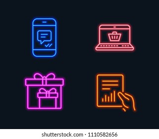 Neon lights. Set of Online shopping, Delivery boxes and Message icons. Document sign. Notebook with shopping cart, Birthday gifts, Phone messenger. File with diagram.  Glowing graphic designs. Vector