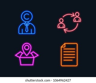 Neon lights. Set of Ð¡opyrighter, Package location and User communication icons. File sign. Writer person, Delivery tracking, Human resources. Paper page.  Glowing graphic designs. Vector