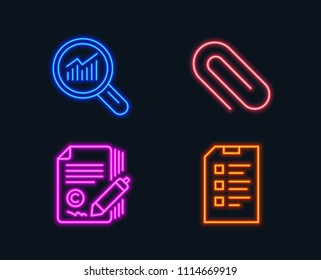 Neon lights. Set of Paper clip, Copywriting and Data analysis icons. Checklist sign. Attach paperclip, Ð¡opyright signature, Magnifying glass. Data list.  Glowing graphic designs. Vector