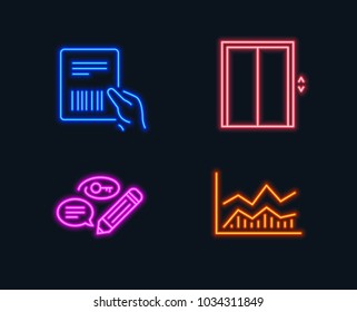 Neon lights. Set of Parcel invoice, Keywords and Lift icons. Trade infochart sign. Delivery document, Pencil with key, Elevator. Business analysis.  Glowing graphic designs. Vector