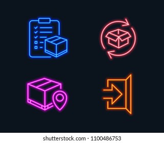 Neon lights. Set of Parcel tracking, Parcel checklist and Exit icons. Package location pin, Logistics check, Exchange of goods. Escape.  Glowing graphic designs. Vector