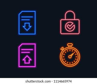 Neon Lights. Set Of Password Encryption, Upload File And Download File Icons. Timer Sign. Protection Locker, Load Document, Stopwatch Gadget.  Glowing Graphic Designs. Vector