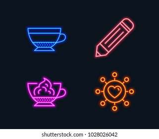 Neon lights. Set of Pencil, Dry cappuccino and Espresso cream icons. Dating network sign. Edit data, Beverage mug, Cafe con panna. Relationships network.  Glowing graphic designs. Vector