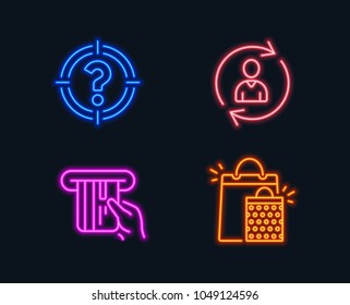 Neon lights. Set of Person info, Headhunter and Credit card icons. Shopping bags sign. Refresh user data, Aim with question mark, Atm payment. Sale marketing.  Glowing graphic designs. Vector