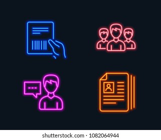 Neon lights. Set of Person talk, Group and Parcel invoice icons. Cv documents sign. Communication message, Group of people, Delivery document. Portfolio files.  Glowing graphic designs. Vector