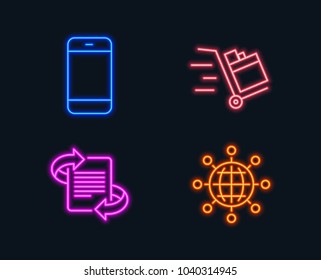 Neon lights. Set of Push cart, Smartphone and Marketing icons. International globe sign. Express delivery, Cellphone or phone, Article. World networking.  Glowing graphic designs. Vector