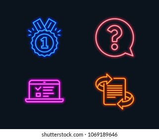 Neon lights. Set of Question mark, Approved and Web lectures icons. Marketing sign. Help support, Winner badge, Online test. Article.  Glowing graphic designs. Vector
