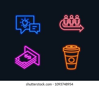 Neon lights. Set of Queue, Idea lamp and Atm money icons. Takeaway coffee sign. People waiting, Business energy, Dollar currency. Hot latte drink.  Glowing graphic designs. Vector