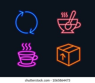 Neon lights. Set of Refresh, Coffee cup and Tea cup icons. Package sign. Rotation, Tea mug, Coffee with spoon. Delivery pack.  Glowing graphic designs. Vector