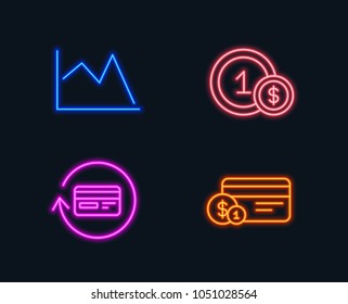 Neon lights. Set of Refund commission, Line chart and Usd coins icons. Payment method sign. Cashback card, Financial graph, Cash payment.  Glowing graphic designs. Vector