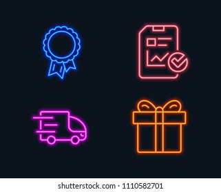 Neon lights. Set of Report checklist, Truck delivery and Success icons. Gift box sign. Sales growth file, Express service, Award reward. Present package.  Glowing graphic designs. Vector