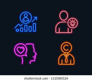 Neon lights. Set of Romantic talk, Ð¡areer ladder and User idea icons. Ð¡opyrighter sign. Love chat, Manager results, Light bulb. Writer person.  Glowing graphic designs. Vector