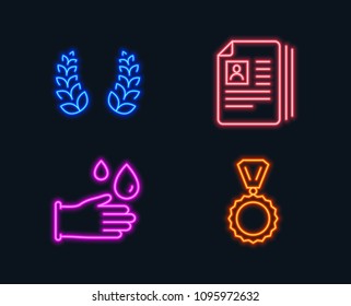 Neon lights. Set of Rubber gloves, Laurel wreath and Cv documents icons. Medal sign. Hygiene equipment, Laureate reward, Portfolio files. Winner.  Glowing graphic designs. Vector