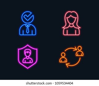 Neon lights. Set of Security agency, Woman and Vacancy icons. User communication sign. People protection, Girl profile, Businessman concept. Human resources.  Glowing graphic designs. Vector