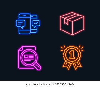 Neon lights. Set of Smartphone sms, Check article and Parcel icons. Reward sign. Mobile messages, Magnifying glass, Shipping box. First place.  Glowing graphic designs. Vector