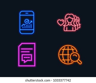 Neon lights. Set of Smartphone statistics, Woman love and Comments icons. Internet search sign. Mobile business, Romantic people, Document with speech bubble. Web finder.  Glowing graphic designs