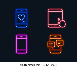 Neon lights. Set of Smartphone, Tablet pc and Love chat icons. Phone messages sign. Cellphone or phone, Touchscreen gadget, Smartphone. Mobile chat.  Glowing graphic designs. Vector