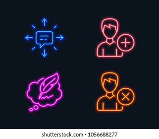Neon lights. Set of Sms, Add person and Ð¡opyright chat icons. Remove account sign. Conversation, Edit user data, Speech bubble. Delete user.  Glowing graphic designs. Vector