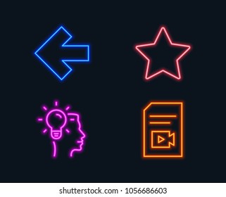 Neon lights. Set of Star, Left arrow and Idea icons. Video file sign. Best rank, Direction arrow, Professional job. Vlog page.  Glowing graphic designs. Vector