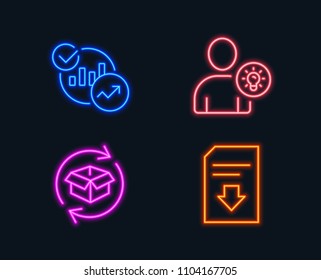 Neon lights. Set of Statistics, User idea and Return parcel icons. Download file sign. Report charts, Light bulb, Exchange of goods. Load document.  Glowing graphic designs. Vector