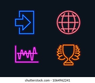Neon lights. Set of Stock analysis, Globe and Login icons. Winner sign. Business trade, Internet world, Sign in. Sports achievement.  Glowing graphic designs. Vector