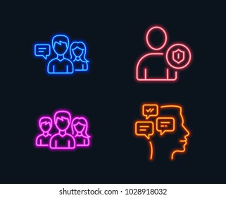 Neon lights. Set of Teamwork, Security and People talking icons. Messages sign. Group of users, Person protection, Contact service. Notifications.  Glowing graphic designs. Vector