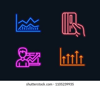 Neon lights. Set of Trade infochart, Payment card and Success business icons. Growth chart sign. Business analysis, Credit card, Growth chart. Upper arrows.  Glowing graphic designs. Vector