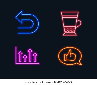 Neon lights. Set of Upper arrows, Undo and Double latte icons. Feedback sign. Growth infochart, Left turn, Tea cup. Speech bubble.  Glowing graphic designs. Vector
