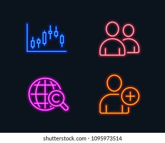 Neon lights. Set of Users, Candlestick graph and International Ð¡opyright icons. Add user sign. Couple of people, Finance chart, World copywriting. Profile settings.  Glowing graphic designs. Vector